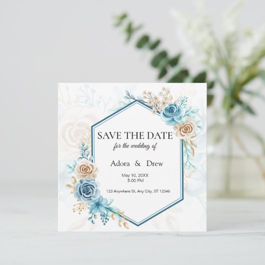 Beige blue Elegant Floral Wedding Save The Date (Staand voorkant)