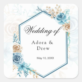 Beige blue Elegant Floral Wedding Vierkante Sticker