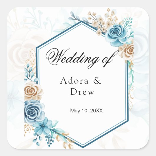 Beige blue Elegant Floral Wedding Vierkante Sticker (Voorkant)