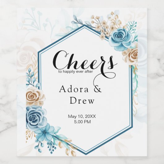 Beige blue Elegant Floral Wedding Wijn Etiket (Enkel label)