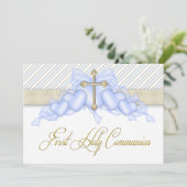 Beige Blue Gold Cross Boys Blue First Communion Kaart (Staand voorkant)