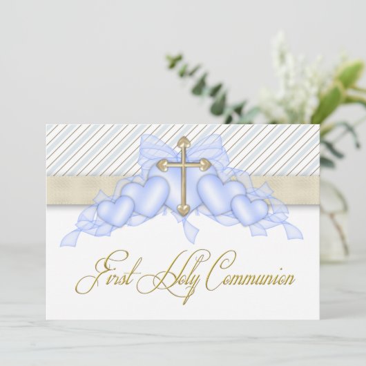Beige Blue Gold Cross Boys Blue First Communion Kaart (Staand voorkant)