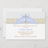 Beige Blue Gold Cross Boys Blue First Communion Kaart (Achterkant)