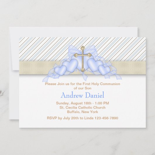 Beige Blue Gold Cross Boys Blue First Communion Kaart (Achterkant)