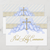 Beige Blue Gold Cross Boys Blue First Communion Kaart (Voorkant / Achterkant)