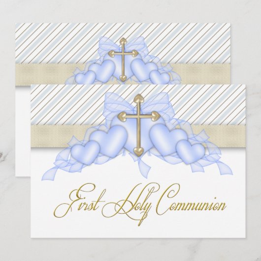Beige Blue Gold Cross Boys Blue First Communion Kaart (Voorkant / Achterkant)