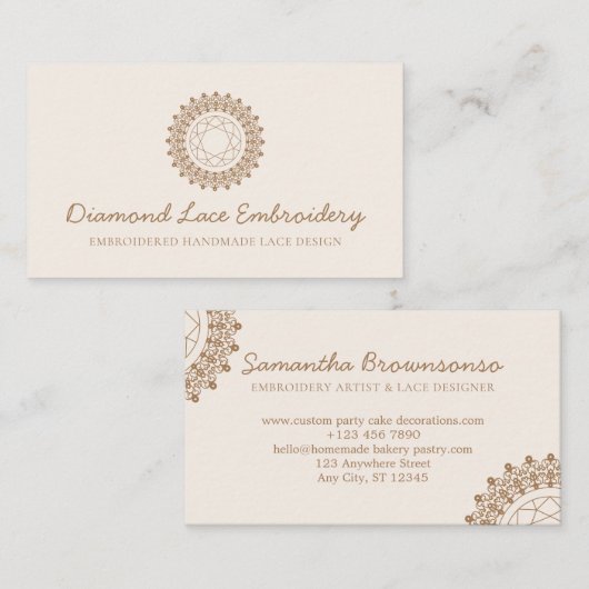 Beige Blush Diamond logo Embroidery Lace Sewing Visitekaartje (Voorkant / Achterkant)