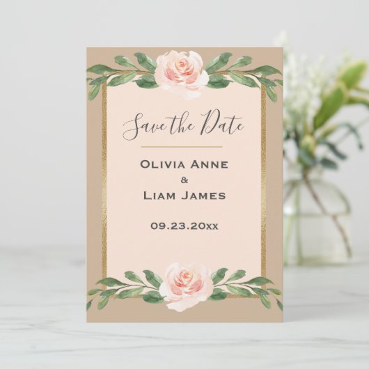 Beige Blush Floral Elegant Script Gold Wedding Save The Date (Staand voorkant)