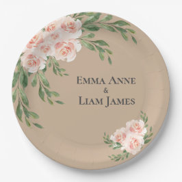 Beige Blush Floral Romantic Elegant Greenery Papieren Bordje