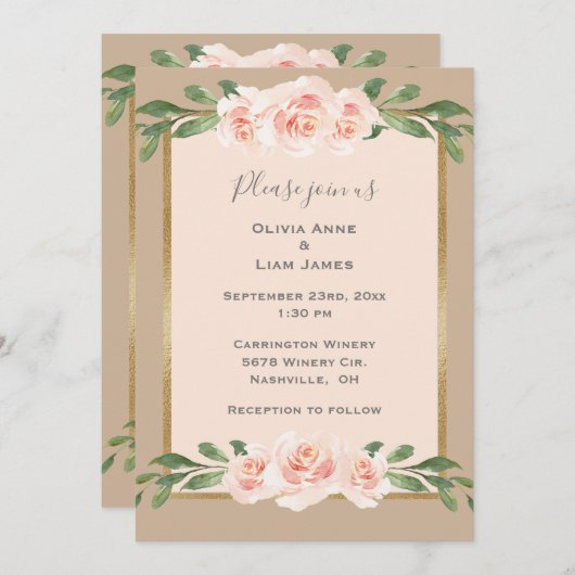 Beige Blush Floral Romantic Elegant Modern Wedding Kaart (Voorkant / Achterkant)