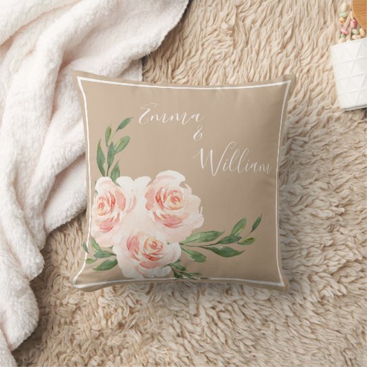 Beige Blush Floral Romantic Names Script Weddensch Kussen (Deken)
