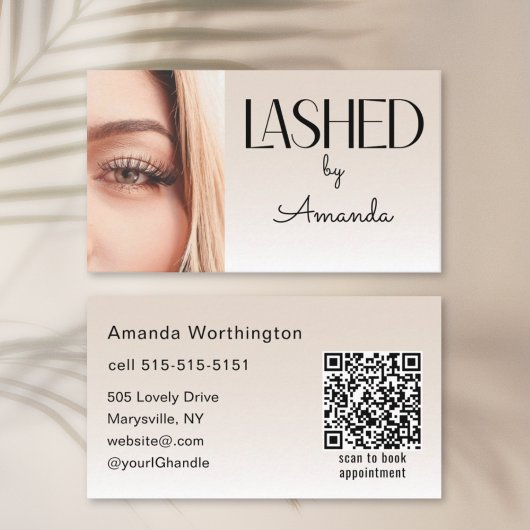 Beige Blush Lashed Minimalist Photo QR Code Visitekaartje