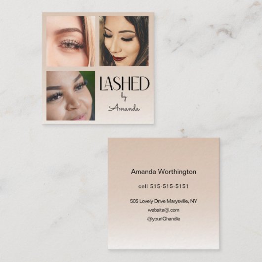 Beige Blush Lashed Minimalist Script Photo  Vierkante Visitekaartje (Voorkant / Achterkant)