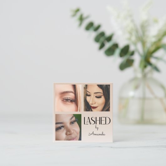 Beige Blush Lashed Minimalist Script Photo  Vierkante Visitekaartje (Staand voorkant)
