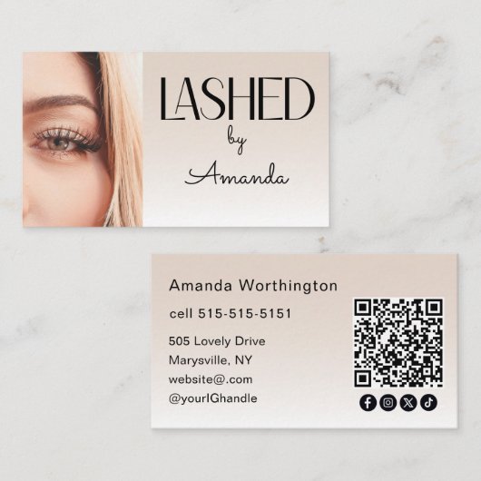 Beige Blush Lashed Photo QR Code Social Icons Visitekaartje (Voorkant / Achterkant)