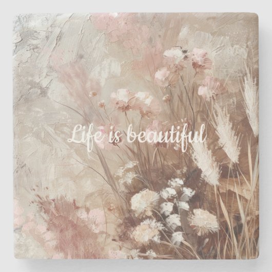  Beige Blush Roze Boho Bloemen Stenen Onderzetter (Voorkant)