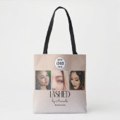Beige Blush Wimper Minimalistische Script Foto Log Tote Bag (Voorkant)