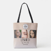 Beige Blush Wimper Minimalistische Script Foto Log Tote Bag (Achterkant)