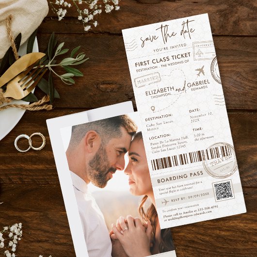 Beige Boarding Pass Bestemming Foto Bruiloft Kaart