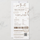 Beige Boarding Pass Bestemming Foto Bruiloft Kaart (Voorkant)