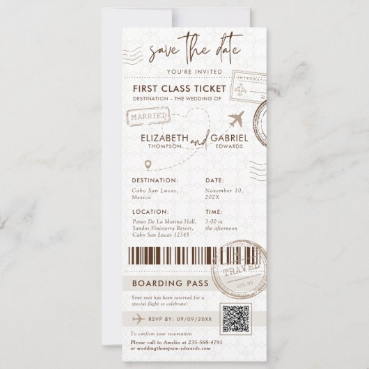 Beige Boarding Pass Bestemming Foto Bruiloft Kaart (Voorkant)