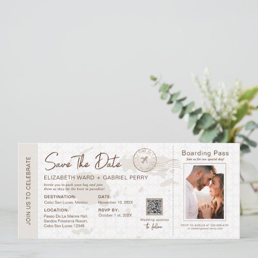 Beige Boarding Pass Destination Wedding Fiji Kaart (Staand voorkant)