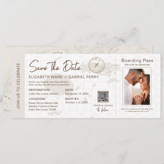 Beige Boarding Pass Destination Wedding Fiji Kaart (Voorkant / Achterkant)