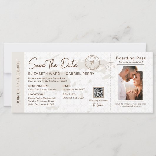 Beige Boarding Pass Destination Wedding Fiji Kaart (Voorkant)