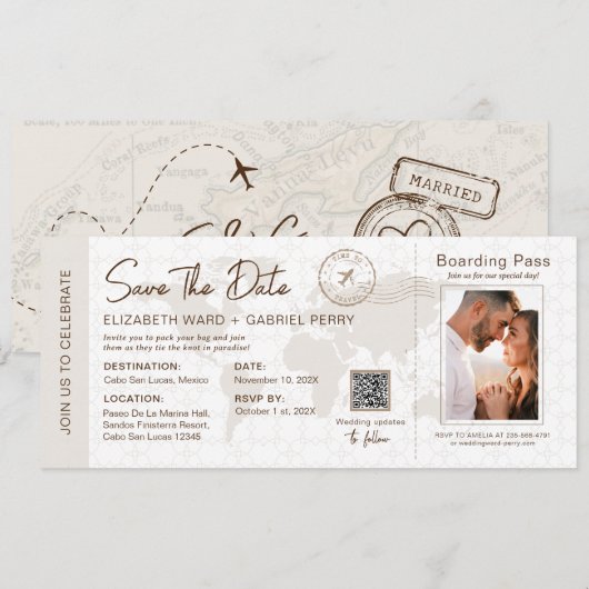 Beige Boarding Pass Destination Wedding Fiji Kaart (Voorkant / Achterkant)