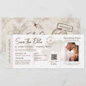 Beige boardingpass bestemming bruiloft QR-code Kaart (Voorkant / Achterkant)