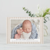 Beige Boerderij Linnen Strepen 2 Foto Geboorte Aankondiging (Staand voorkant)