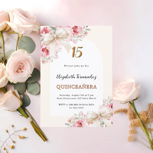 Beige bogen roze bloemen boog luxe Quinceanera Kaart