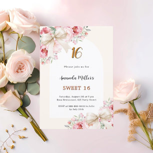 Beige bogen roze bloemen boog luxe Sweet 16 Kaart