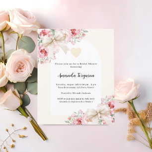 Beige bogen roze bloemen Bruids Douche uitnodiging