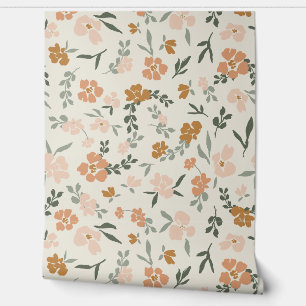 Beige Boheemse Bloemen (roze, groen, beige) Behang