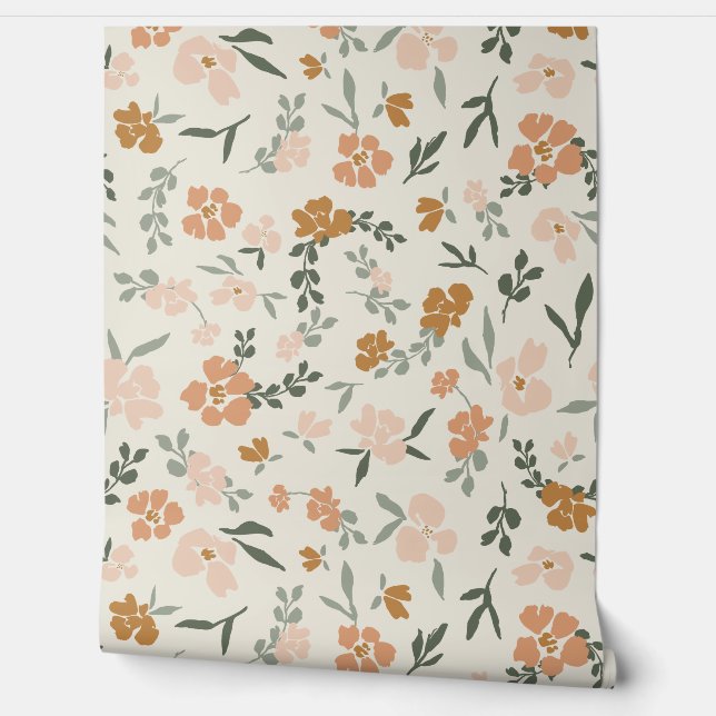 Beige Boheemse Bloemen (roze, groen, beige) Behang (Afrollen)