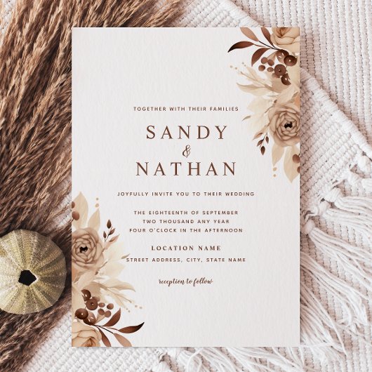 Beige Boho Bloemen Bruiloftsinvatie Kaart
