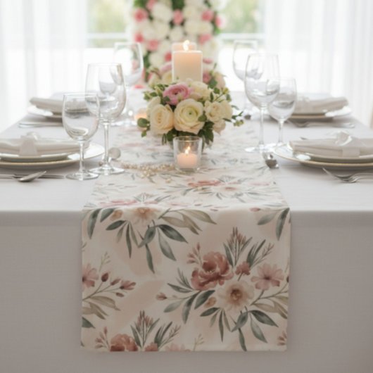 Beige Boho Bloemen  Korte Tafelloper