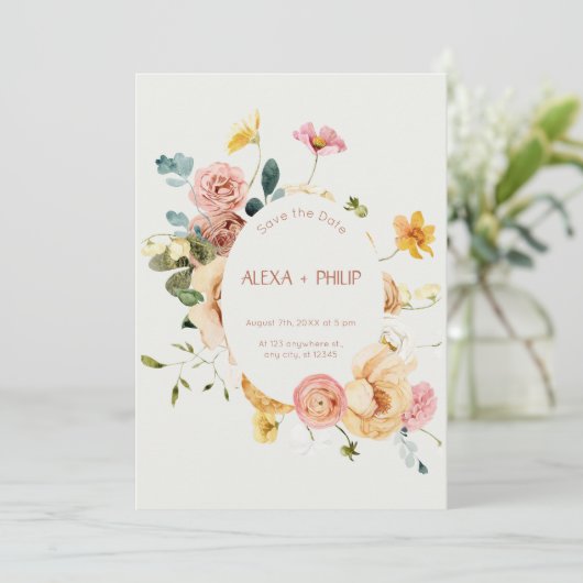 Beige Boho bloemenbruiloft Save the Date Kaart (Staand voorkant)