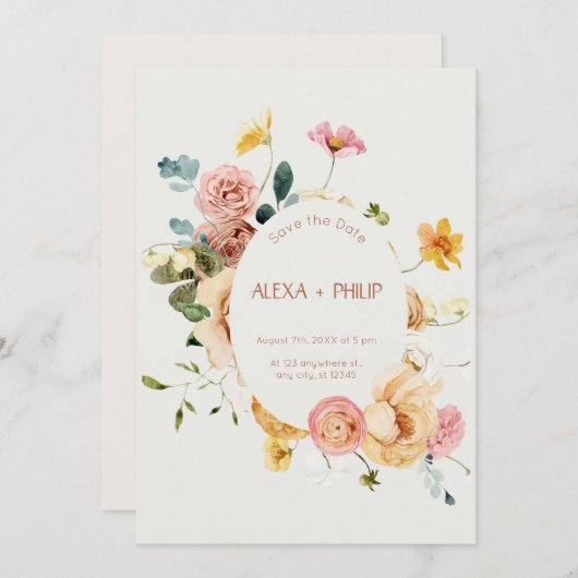 Beige Boho bloemenbruiloft Save the Date Kaart (Voorkant / Achterkant)