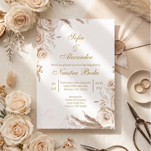 Beige Boho bloemige Spaanse Trouw Uitnodiging