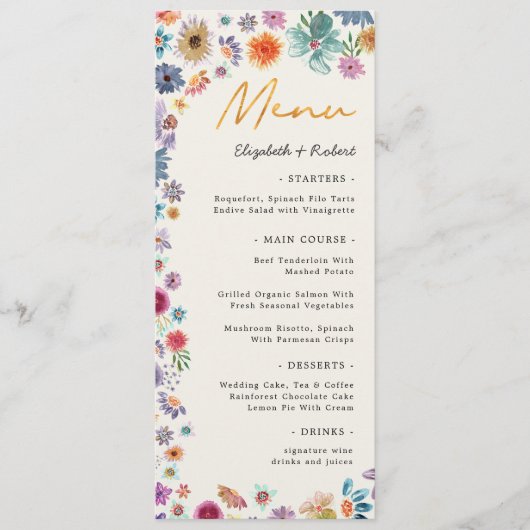 Beige Boho Chic Bloemen Wildflower Tuin Bruiloft Menu (Voorkant)