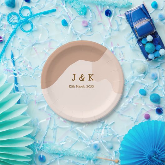 Beige boho curvy oranje bruiloft naam datum papieren bordje (Feest)