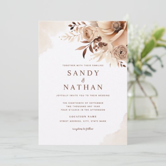 Beige Boho Floral bruiloft uitnodiging (Staand voorkant)