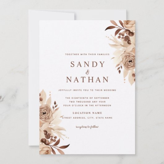 Beige Boho Floral bruiloft uitnodiging (Voorkant)