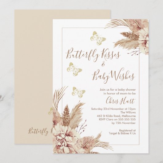 Beige Boho Floral Butterfly Kisses Baby shower Kaart (Voorkant / Achterkant)
