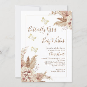 Beige Boho Floral Butterfly Kisses Baby shower Kaart