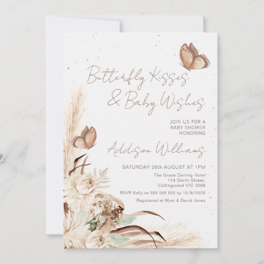 Beige Boho Floral Butterly Kisses Baby shower Kaart (Voorkant)