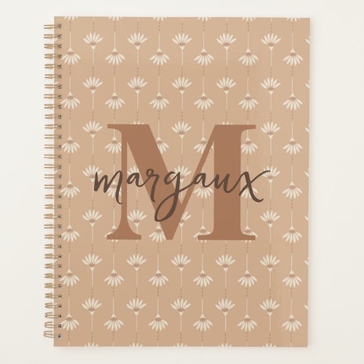 Beige Boho Floral Gepersonaliseerde Monogram Naam Planner (Voorkant)