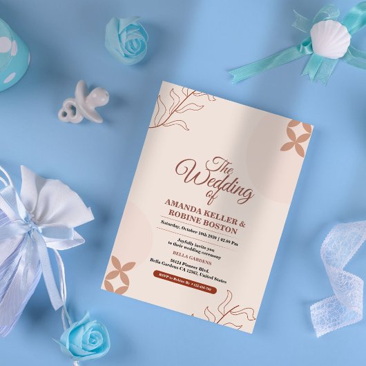 Beige Boho Minimalist Wedding Invitation Kaart